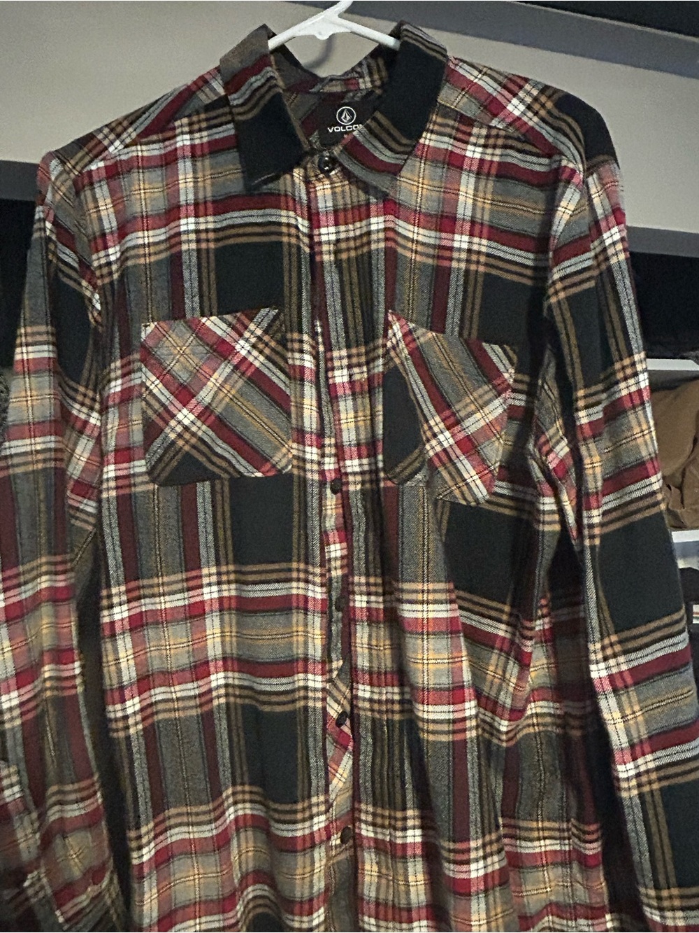 Volcom Men’s Red, Black and Cream Plaid Button-Down Shirt